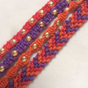 4 Hemp Cord Bracelets with Gold Beads orange purple red